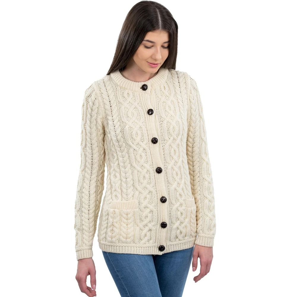 Saol Lumber Cardigan Women's Medium Natural Aran Cable Knit Merino Wool NWT $98